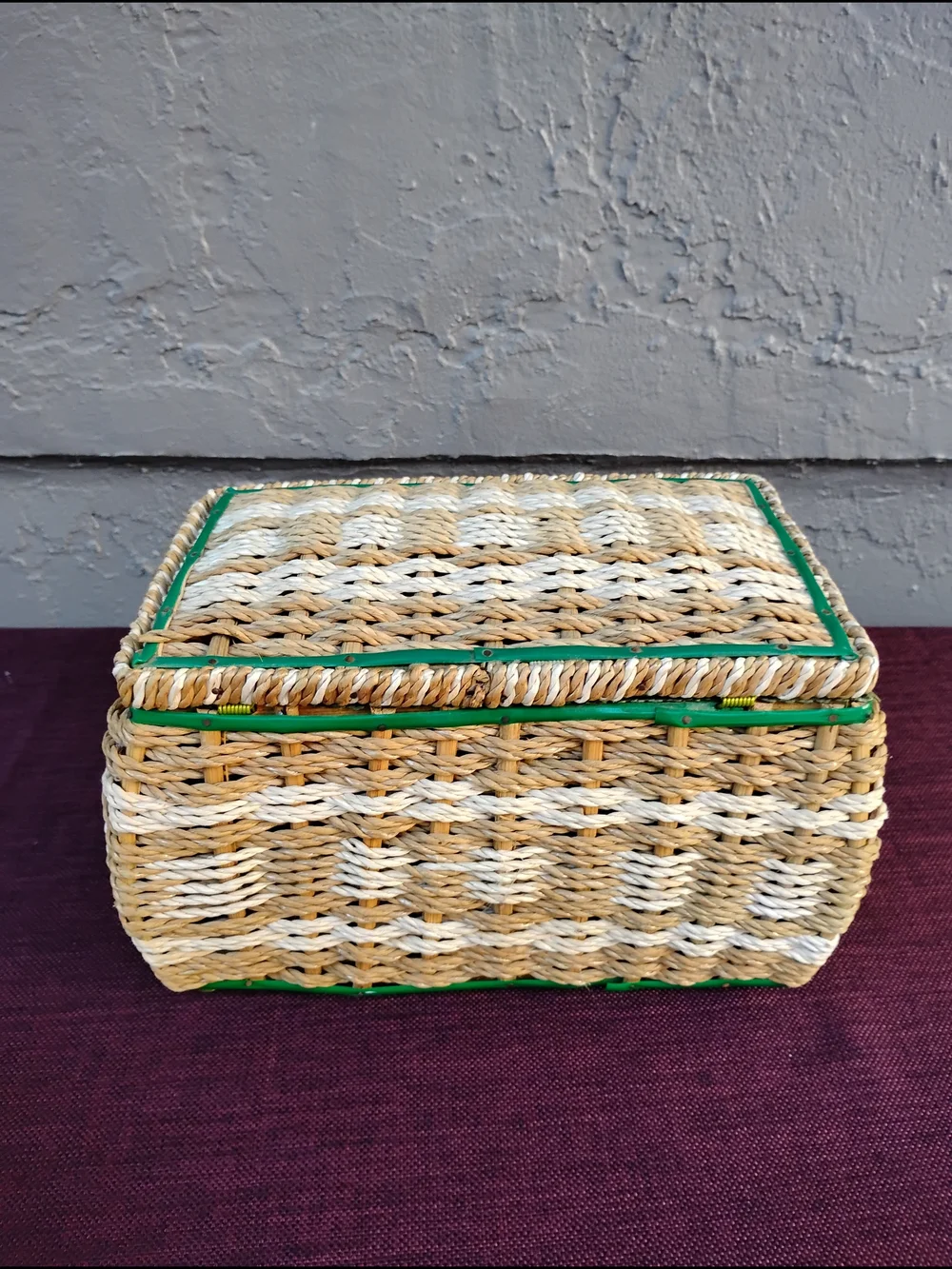 Vtg Wicker Sewing Basket Woven Beige  w/Green Lining Mid Century Made in Japan